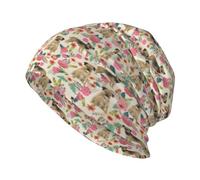 EgoMed Totenkopfmütze, Strickmütze, Polyester-Sturmhaube, Slouchy-Beanie-Mütze, Laufmütze, Border Terrier, Blumenmuster, Hunderasse, Creme