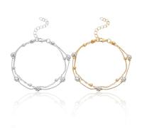 EHDWXVZM 2 Fußkettchen Für Damen, Mehrlagige Fußkettchen, Mit Kristallen Verzierte Fußkettchen, Strand-Fußkettchen, Goldene Fußkettchen Für Damen