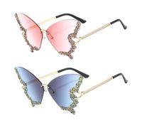 EHDWXVZM 2 Paar Schmetterlingsbrille Mit Strasssteinen, Randlose Modische Sonnenbrille - Kreative Damen Accessoires