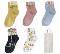 EHDWXVZM 5 Paar Blumensocken Und 1 -Teilige Socken -Aufbewahrungstasche, Farbenfrohe Socken, Lustige Socken, Blumenmuster -Socken, Damensocken, Geschenke Für Mädchen.