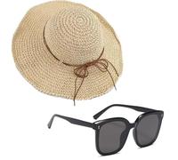 EHDWXVZM Damen Sommerhut & Sonnenbrille, Strohhut & UV-Schutz, Beige, Unisex, Klassischer Schnitt, Modisch, Faltbar, Atmungsaktiv, Sonnenschutz, Sommer
