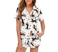 Eheartsgir Zweiteilige Nachtwäsche für Damen, kurzärmelig, mit Knöpfen, lässig, weich, dehnbar und lustig, mit Taschen, Dackel, 36