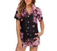 Eheartsgir Zweiteilige Nachtwäsche für Damen, kurzärmelig, mit Knöpfen, lässig, weich, dehnbar und lustig, mit Taschen, cherry blossom pink, 46