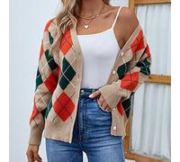 EIBA Strickjacke Damen Grobstrick,Damen Strickjacken Vintage Camel Argyle Plaid V-Ausschnitt Knopf Langarm Open Front Pullover Strickjacke Herbst Elegant Weich Strick Oberbekleidung Jacke Mantel,L