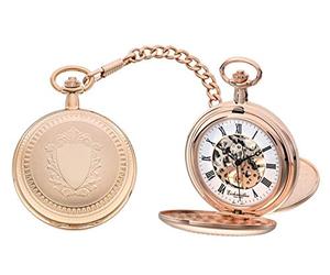 Eichmüller mechanische Messing Skelett Taschenuhr Roségold mit Kette und Etui