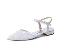 EICOFF Damen Hochzeitsschuhe Spitze Satin Perlen Spitze Zehenpartie Knöchelriemen Niedriger Absatz Elegante Schuhe für Abend Party Abschlussball,Weiß,40 EU
