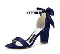 EICOFF Damen-Sandalen mit Perlen Blockabsatz Hochzeitssandalen Offene Zehen Riemchensandalen High Heels Abend Brautschuhe,Dark Blue,36 EU