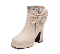 EICOFF Damenmode Reißverschluss Blockabsatz High Heel Kurzschaft Stiefel Plateau Winterstiefel für Damen Stiefeletten,Beige,43 EU