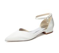 EICOFF Flach Brautschuhe Damen Elegant Pumps mit Knöchelriemen Hochzeitsschuhe Geschlossen Spitz Zehen Formelle Ballschuhe Pumps,Elfenbein,39 EU