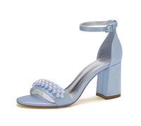 EICOFF Frauen Hochzeit Sandalen Perlen Blockabsatz Hochzeitsschuhe für Braut Offene Zehen Knöchelriemen High Heels Abendschuhe Pumps für Damen,Sky Blue,36 EU