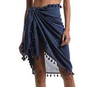 Eicolorte Strand-Sarong, Pareo, Damen-Bademode, halbdurchsichtige Cover-Ups, kurzer Rock mit Quasten, 015-dunkelblau-kurz, 3XS