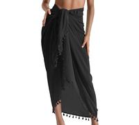 Eicolorte Strand-Sarong, Pareo, Damen-Bademode, halbdurchsichtige Cover-Ups, kurzer Rock mit Quasten, 11-schwarz-lang, XXX-Large