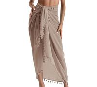 Eicolorte Strand-Sarong, Pareo, Damen-Bademode, halbdurchsichtige Cover-Ups, kurzer Rock mit Quasten, Khaki, lang, 3XL