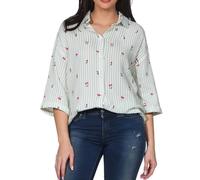 Eight 2 Nine Damen Oversize Musselin Bluse gestreifte Damenbluse halbarm mit Kirschen LETN-110 Cherries- White-Aqua Foam Mint L/XL