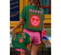 Ein Damen "Happy Sunshine" Outfit: Ein stilvolles T-Shirt mit einem Mode-Brillen Grafik, entworfen als klassischer Rundhals-Kurzarm-Oberteil. Ideal fü