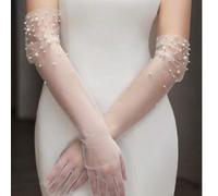 Ein Paar lange Damen-Brauthandschuhe aus Mesh mit Perlen, elegante weiße lange Hochzeits-Abend-Foto-Brautaccessoires, passend für Hochzeitskleidergesc