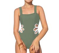 EIN Stück Badeanzug Mädchen Sommer Mode Einfarbig Einteiler Bikini Badeanzüge Mädchen Lässig Strand Sport Bademoden Ärmellos Schwimmanzug für Kinder 7-12 Jahren (Z3C-Army Green, 8-9 Years)