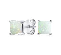 Einfach Klassisch Weiß Opulenz Edelstein Erstellt Opal Quadratisch Prinzessin Schliff Ohrstecker .925 Sterling Silber 5Mm Oktober Birthstone