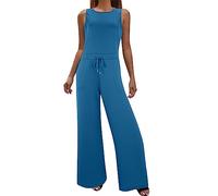 Einfarbig Jumpsuit Damen Elegant Sommer Rundhals Ärmellos Overalls Weites Bein Romper mit Tunnelzug, blau, 46