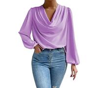 Einfarbige Chiffon-Blusen für Damen, Puff-Langarm-Shirts, elegant, drapiert, Wasserfallkragen, gerüschte Vorderseite, lockerer Pullover, Oberteil mit Wasserfallkragen