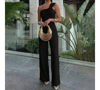 Einfarbiger gestrickter elastischer strukturierter Stoff, asymmetrisches Twist-Design, gerades Bein, Damen Jumpsuit