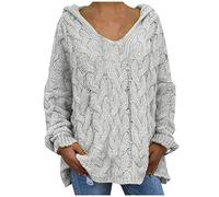 Einfarbiger langärmliger Strickpullover mit Kapuze Pullover Damen Winter Pullis Loose V-Ausschnitt Strickpullover Casual Langarmshirt Grobstrick Oversize Pulli Oberteile