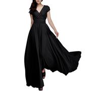 Einfarbiges Damen-Konzertkleid, V-Ausschnitt, kurze Ärmel, Chiffon-Taille, Kleid, Schwarz , L