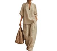 Einfarbiges Damen-Set, V-Ausschnitt, kurzärmeliges Oberteil und lockere Hose, lässig, 2-teiliges Outfit für Sommer, Urlaub, Strand, Yoga, Urlaub, normale Passform (XL, Beige)