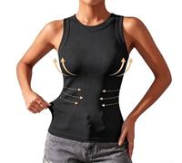 Einfarbiges Damen-Tanktop aus Polyester mit geripptem Muster, Rundhalsausschnitt und breiten Trägern für Urlaub und Alltag (XXXL Schwarz)