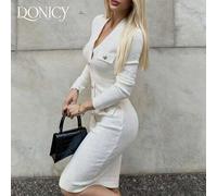 Einfarbiges, einreihiges, figurbetontes Strickpulloverkleid mit V-Ausschnitt für Damen, modisches, elegantes, minimalistisches weißes Retro-Kleid, gee