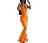 , einfarbiges Kleid, Bodysuit, Sling-Kleid, schlankes, langes Heimkleid, modisches, Elegantes, sexy Kleid Tüll Kleider Damen (Orange, XXXL)