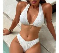 Einfarbiges Neckholder-Bikini-Set für den Sommerstrand für Damen mit Kunstperlen- und Muschelanhänger-Dekor, zweiteilig