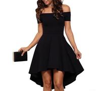 Einfarbiges schulterfreies kurzärmeliges Kleid mit breitem Swing-Rock für Damen, bequem für Frühling, Sommer, Herbst und Winter (XL Schwarz)