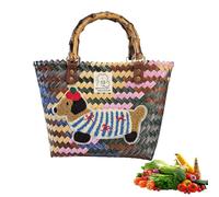 Einkaufskorb Geflochten aus Kunststoff, Strohtasche Groß, Korbtaschen Damen Mit Bambusgriff, Vintage Basttaschen Damen Sommer, Wasserdicht Einkaufstasche Geflochtene Tasche (Dackel) (A)