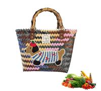 Einkaufskorb Geflochten aus Kunststoff, Strohtasche Mittel, Korbtaschen Damen Mit Bambusgriff, Vintage Basttaschen Damen Sommer, Wasserdicht Einkaufstasche Geflochtene Tasche (Dackel) (Mittel)