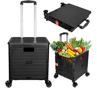 Einkaufstrolley Klappbar, Einkaufswagen Trolley Einkaufsroller Transportwagen Mit Teleskop-Griff Und 4 Gummi-Rollen Einkaufskorb Mit Deckel Shopping Cart Faltbar Tragkraft 40Kg,Schwarz