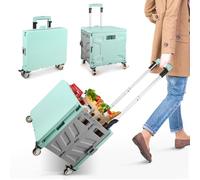 Einkaufstrolley Klappbar, Transport Trolley, bis 50 kg, 50 l Kiste, Einkaufskorb mit Deckel, Ausziehbarer Alu Ausziehgriff, 4 um 360° Drehbare Metallrad, 103 x 43 x 38 cm (Grün Grau)