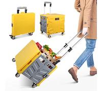 Einkaufstrolley Klappbar, Transport Trolley, bis 50 kg, 50 l Kiste, Einkaufskorb mit Deckel, Ausziehbarer Alu Ausziehgriff, 4 um 360° Drehbare Metallrad, 103 x 43 x 38 cm (Gelb Grau)
