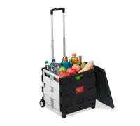 Relaxdays Einkaufstrolley, klappbar, Einkaufskorb mit Rollen, Deckel & Teleskopgriff, bis 35 kg, Rollkiste, schwarz/weiß