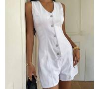 Einreihiger, ärmelloser Damen-Jeans-Jumpsuit mit V-Ausschnitt, weißer Jeans-Jumpsuit, Sommerurlaubskleidung, ganz in Weiß, Party-Outfit für Damen, Aus