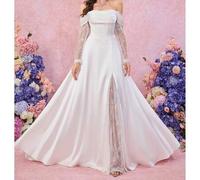 Einschultriges Maxikleid aus Seidensatin mit Spitzenärmeln, weiße Farbe, Abendkleid für Hochzeit, Prom oder Abendfest