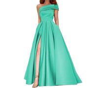 Einschultriges Satin-Abschlussballkleid mit Schlitz, langes Abendkleid für Damen, formell mit Taschen, A-Linie, Hochzeitskleid, türkis, 40