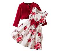 einschulungskleid mädchen, Einschulung Kleider Mädchen Set Blumen Partykleid Kinderkleider Festlich 2-Teiliges Kleid Freizeitkleider Mit Bolero Prinzessin Hochzeit Blumenmädchenkleider, Rot, 6Y