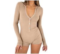 Einteiler Pyjama Kurz Damen, Overall Damen Elegant Langarm Y2K Einteiler Bodysuit Sport V-Ausschnitt Bodycon Comfort Fit Pyjama Onesie Jumpsuit Stretch Schlafanzug Strampler Strand Overall Einteiler