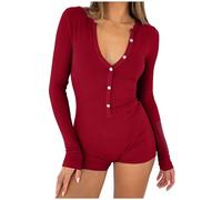 Einteiler Pyjama Kurz Damen, Overall Damen Elegant Langarm Y2K Einteiler Bodysuit Sport V-Ausschnitt Bodycon Comfort Fit Pyjama Onesie Jumpsuit Stretch Schlafanzug Strampler Strand Overall Einteiler