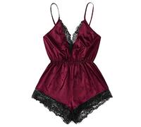 Einteiler Schlafanzug Damen Satin Pyjama Kurz Set Sexy Nachtwäsche Valentinstag Bodysuit Sommer Strapse Pjs Einfarbig Onesie Elastische Taille Schlafoverall Reizwäsche