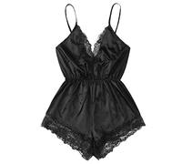 Einteiler Schlafanzug Damen Satin Pyjama Kurz Set Sexy Nachtwäsche Valentinstag Bodysuit Sommer Strapse Pjs Einfarbig Onesie Elastische Taille Schlafoverall Reizwäsche