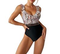 Einteiliger Badeanzug Damen Bauchweg - Rüschen Badeanzug Damen V-Ausschnitt Monokini Bikini High Waist Sexy Rückenfrei Skinny Leoparden Bademode Schwimmanzug Strandmode Badeanzüge für Damen