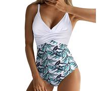 Einteiliger Badeanzug Damen Sexy - Badeanzug Damen Bauchweg Bikini Push Up High Waist Cross Wickeloptik Plissierte Cut Out Blumenmuster Bademode Strandmode Monokini Badeanzüge für Damen