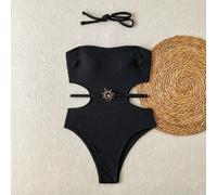 Einteiliger Badeanzug im Sommerstil mit Hohlräumen, abnehmbaren Trägern, Metalldekor und einfarbigem Design für Frauen, ideal für Urlaub und Strand, F